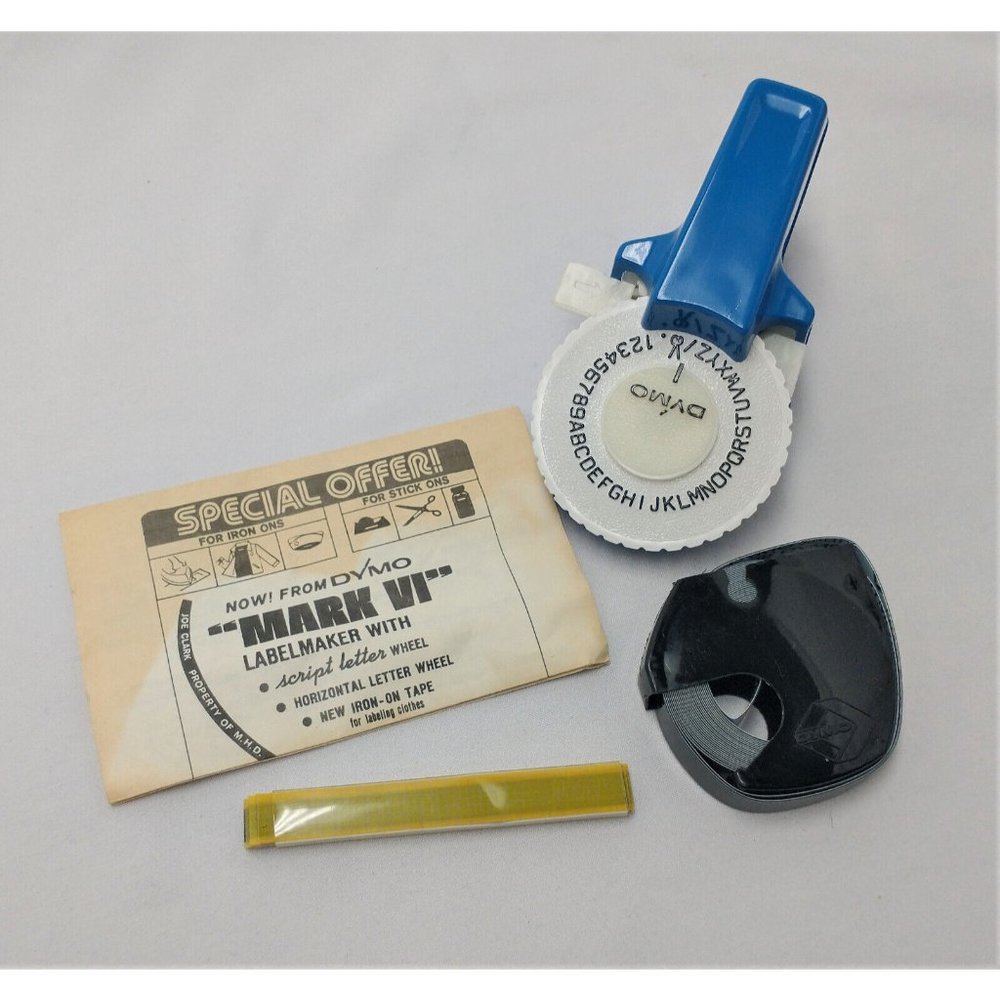 Vintage Dymo Mark IV Blue Mini Label Maker w/ Tape, Instructions, and Iron-Ons